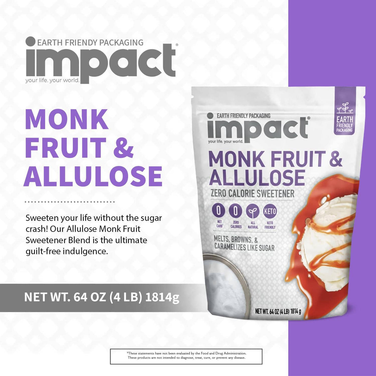 Impact monk fruit & allulose zero calorie sweetener pouch, 64 oz bag