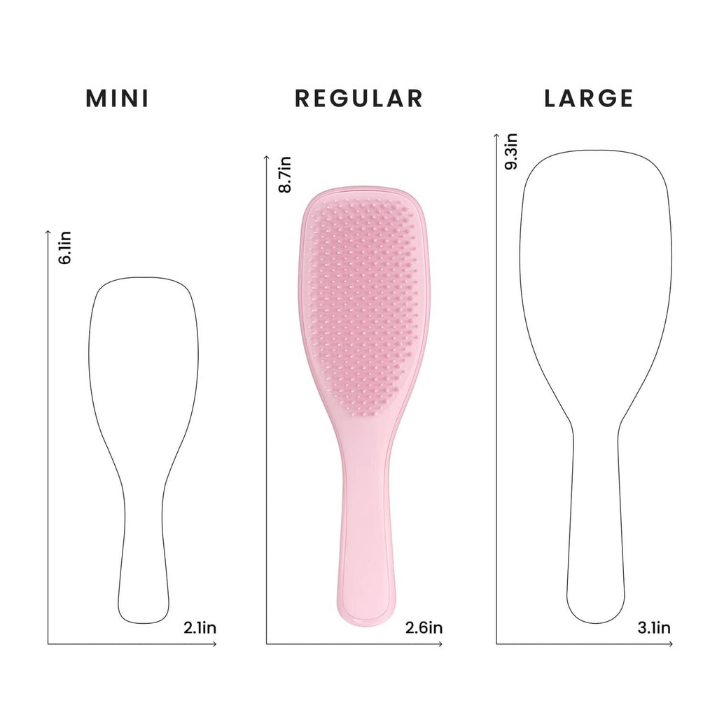 Pink Regular detangling hairbrush size chart with bristle-pad measurements