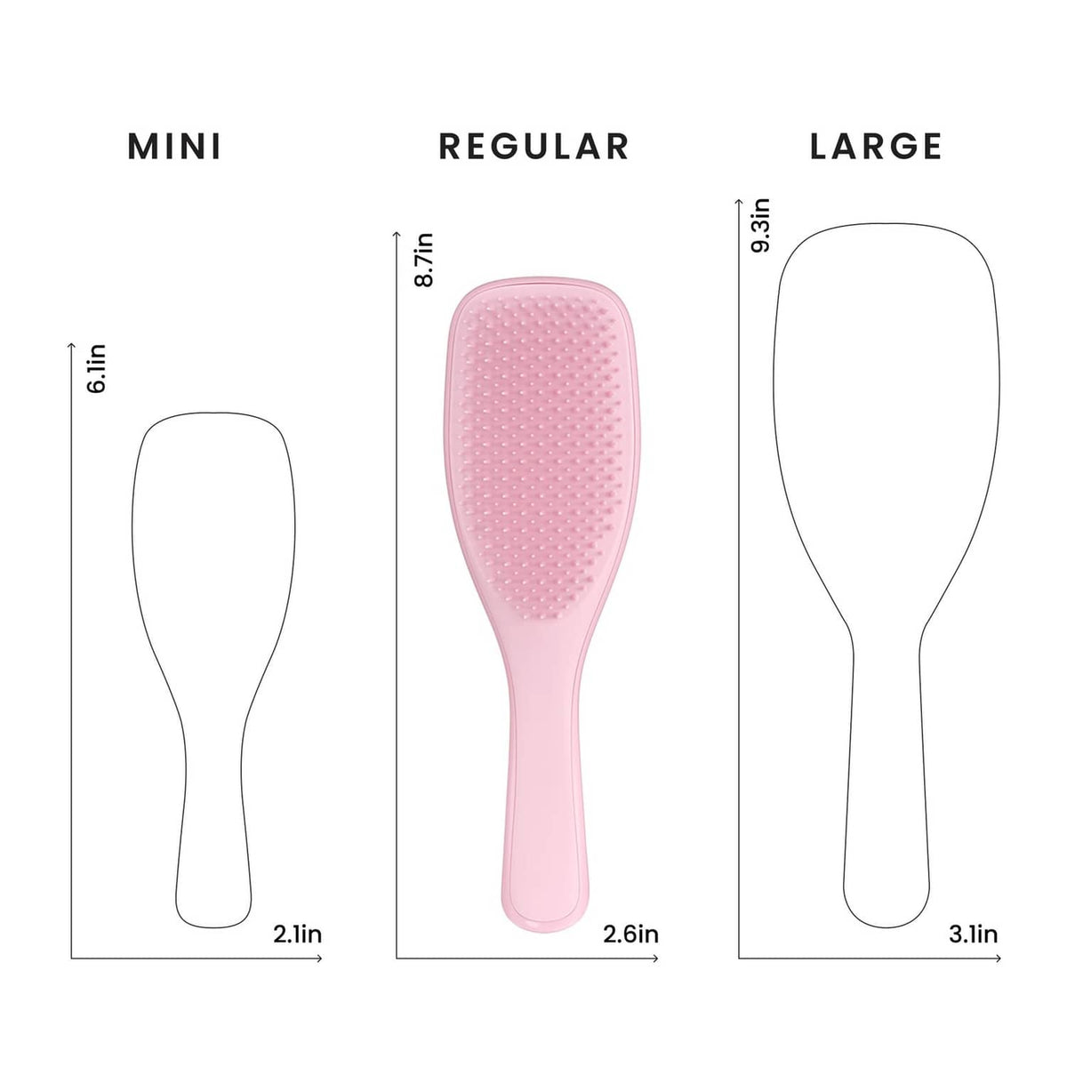 Pink Regular detangling hairbrush size chart with bristle-pad measurements