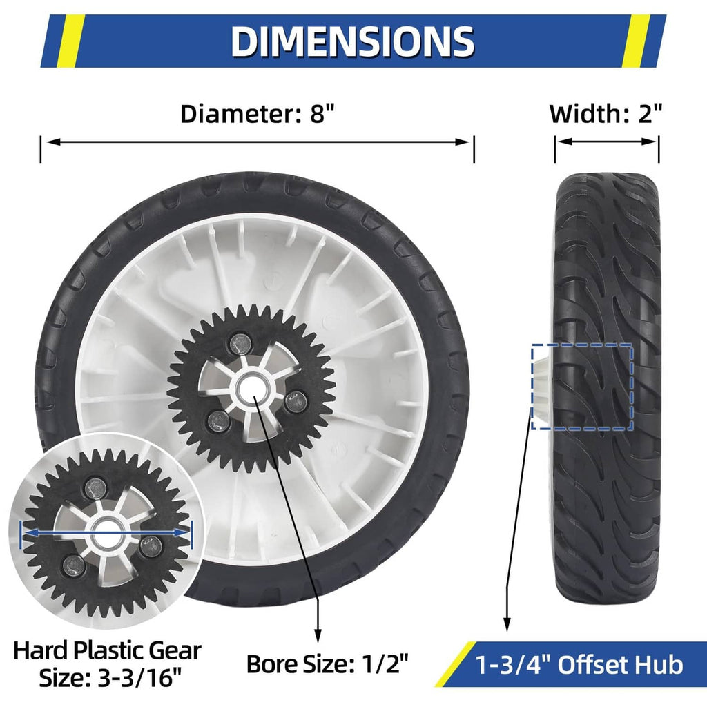 8 in rear replacement wheel with black tire and white rim; hard plastic gear