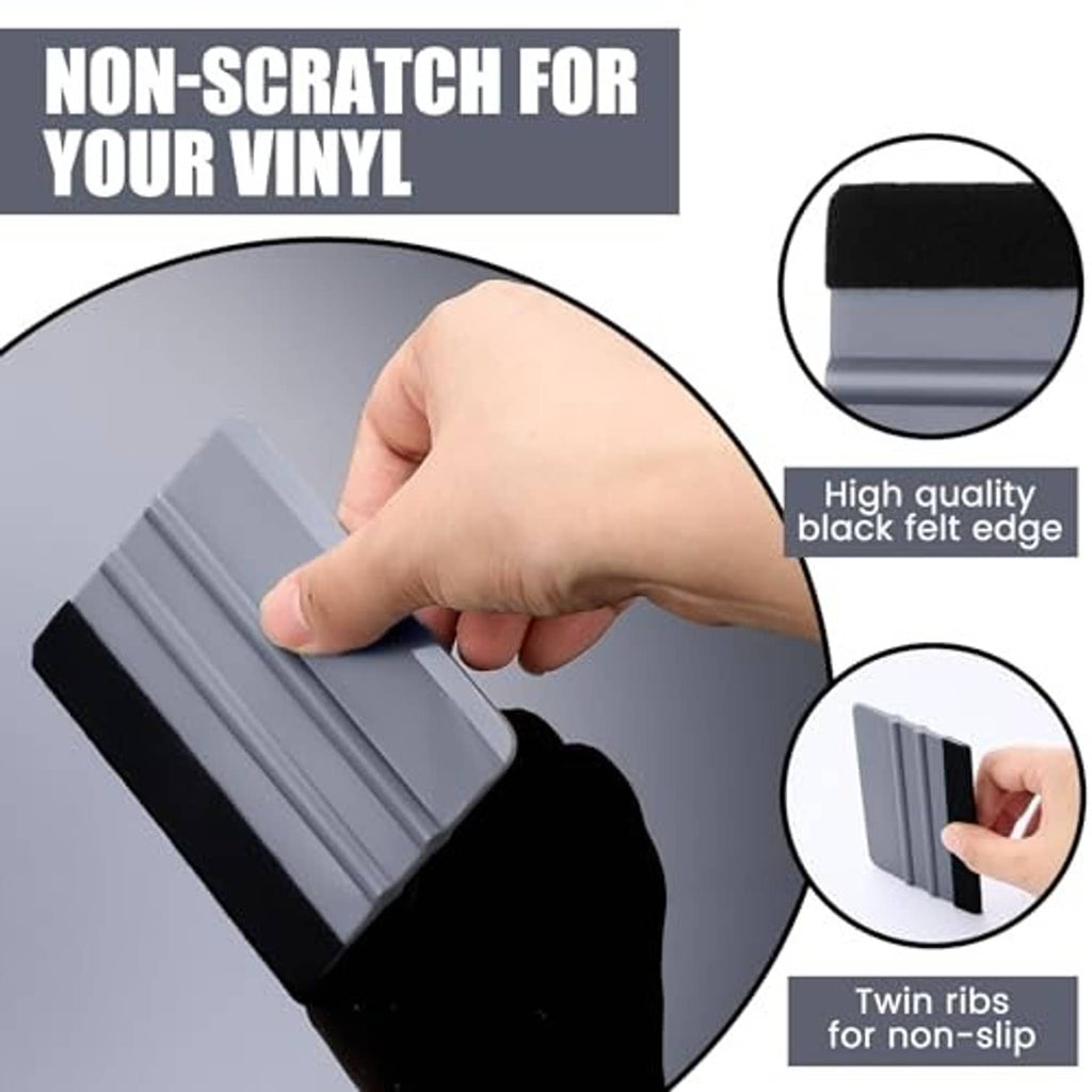 Non-scratch gray felt-edge squeegee with black edge shown in hand