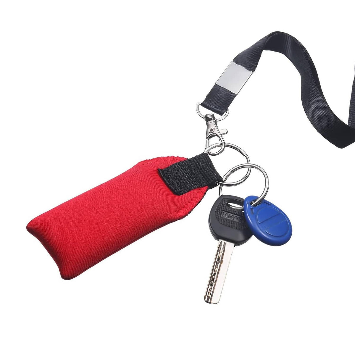 Red neoprene keychain pouch with black strap, metal rings, and blue key fob