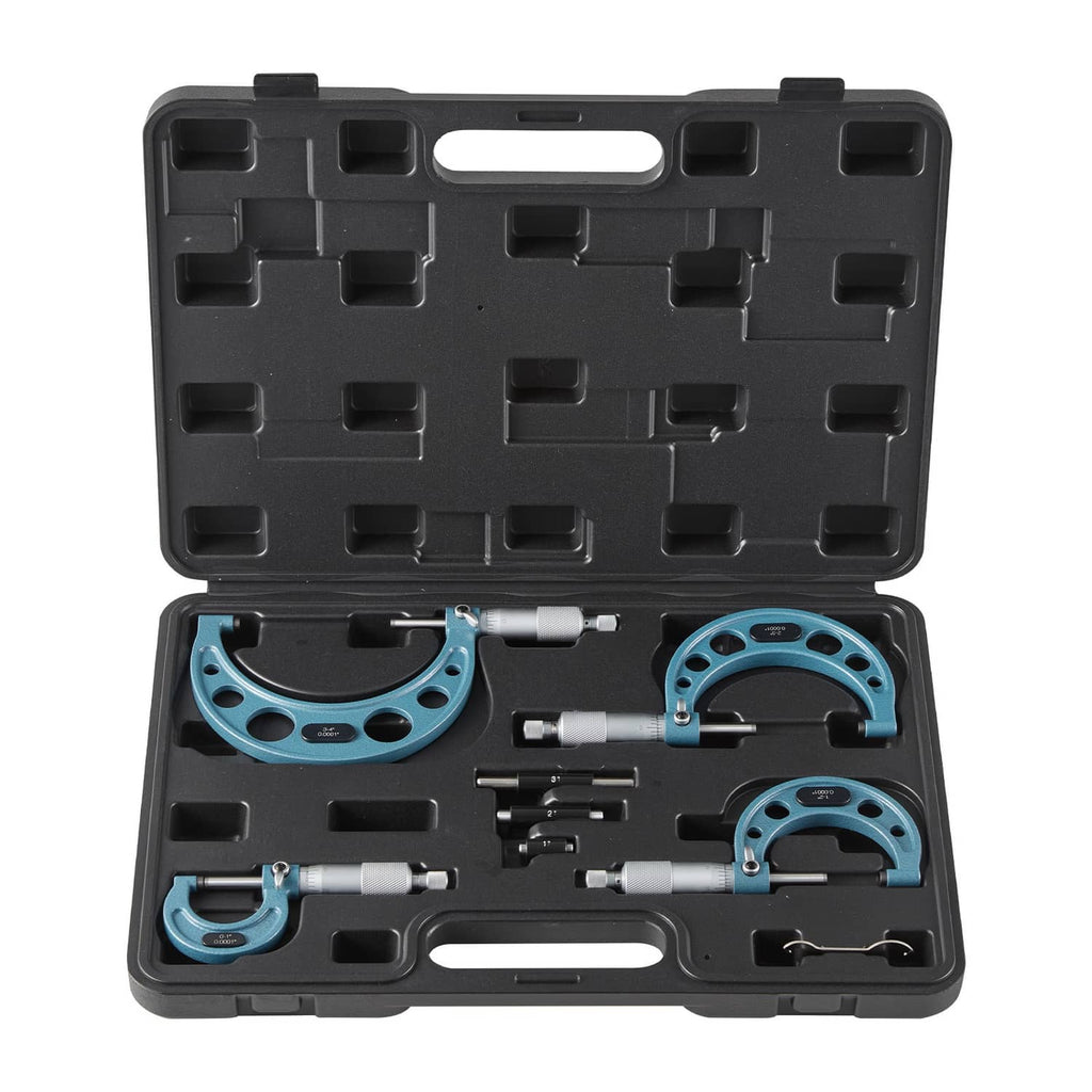 Outside micrometer set in black case with blue measuring frames (4-pc kit)