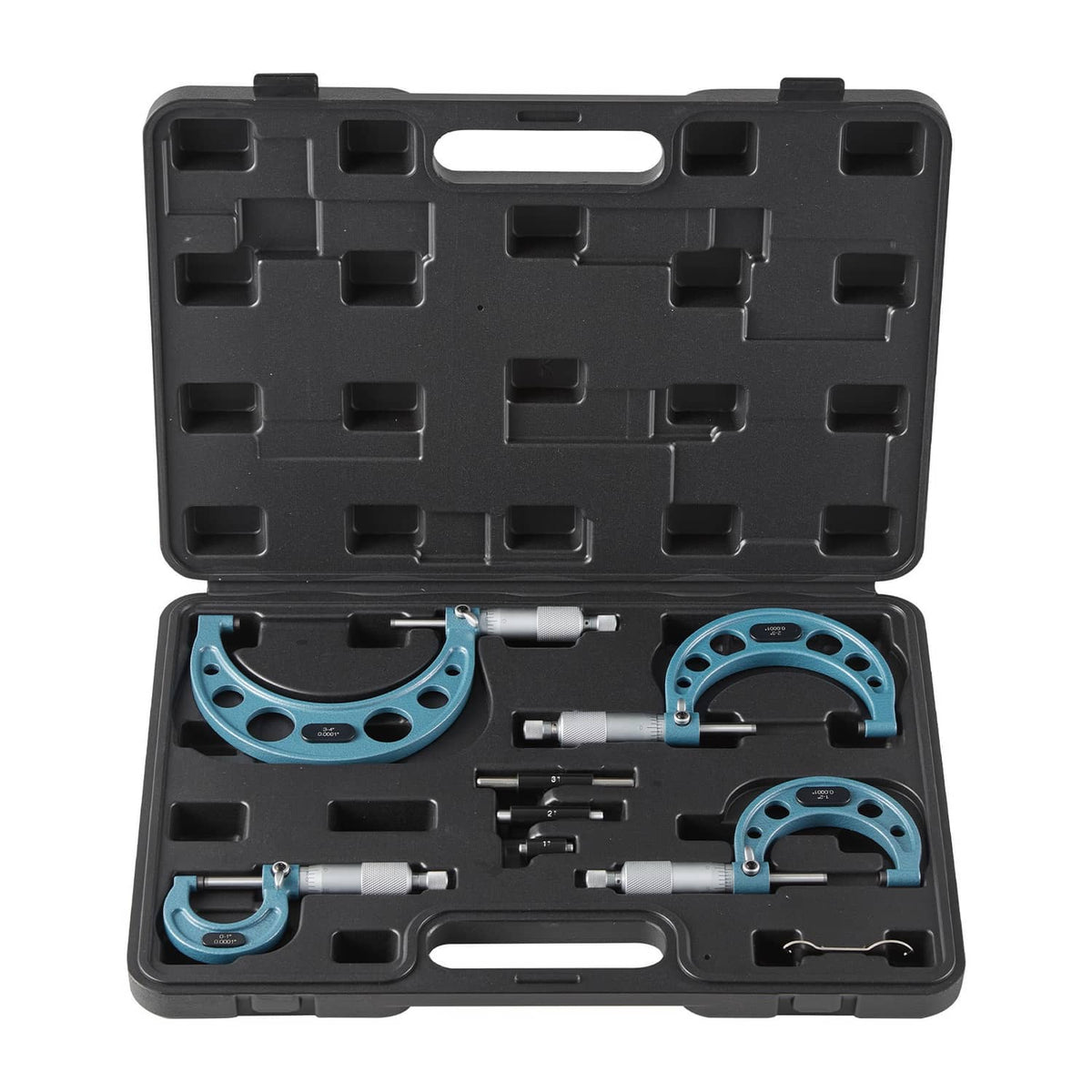 Outside micrometer set in black case with blue measuring frames (4-pc kit)