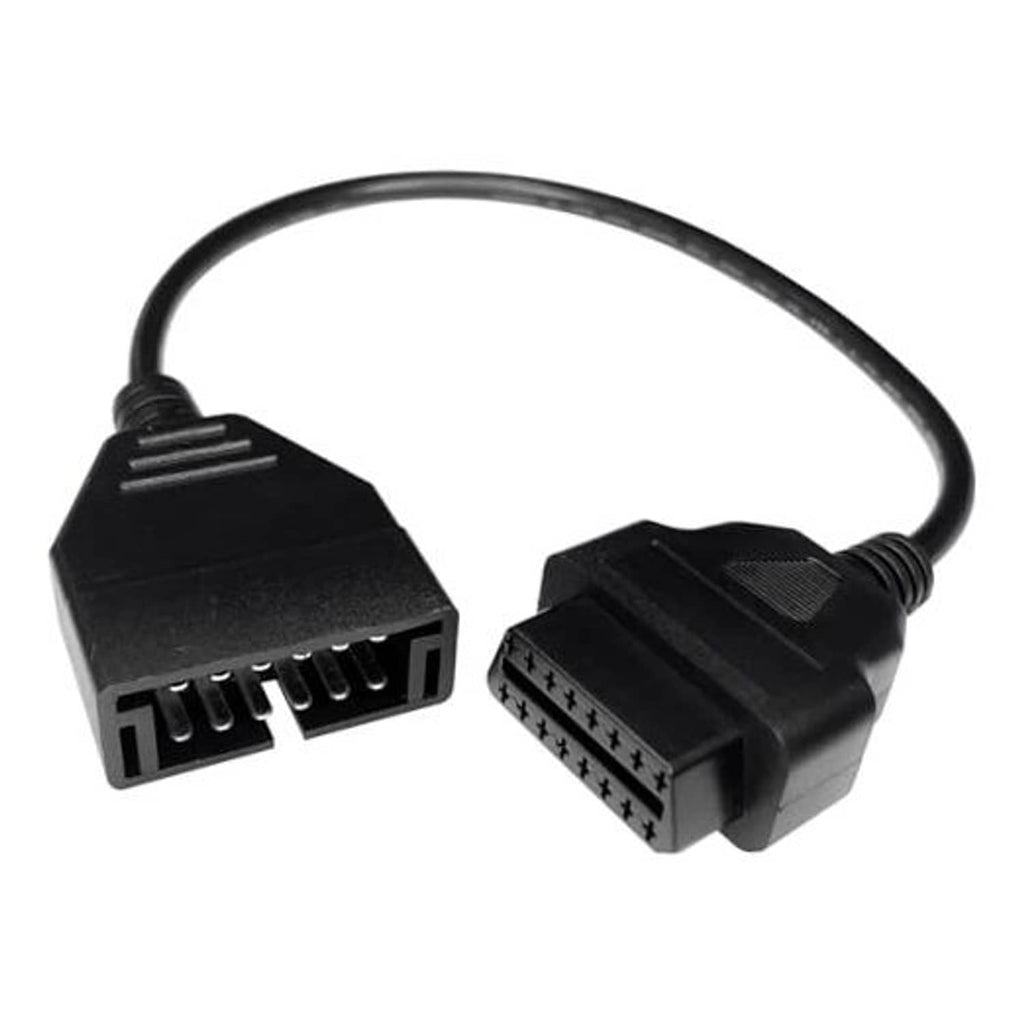 OBD adapter cable with two black plugs: 12-pin OBD1 and 16-pin OBD2