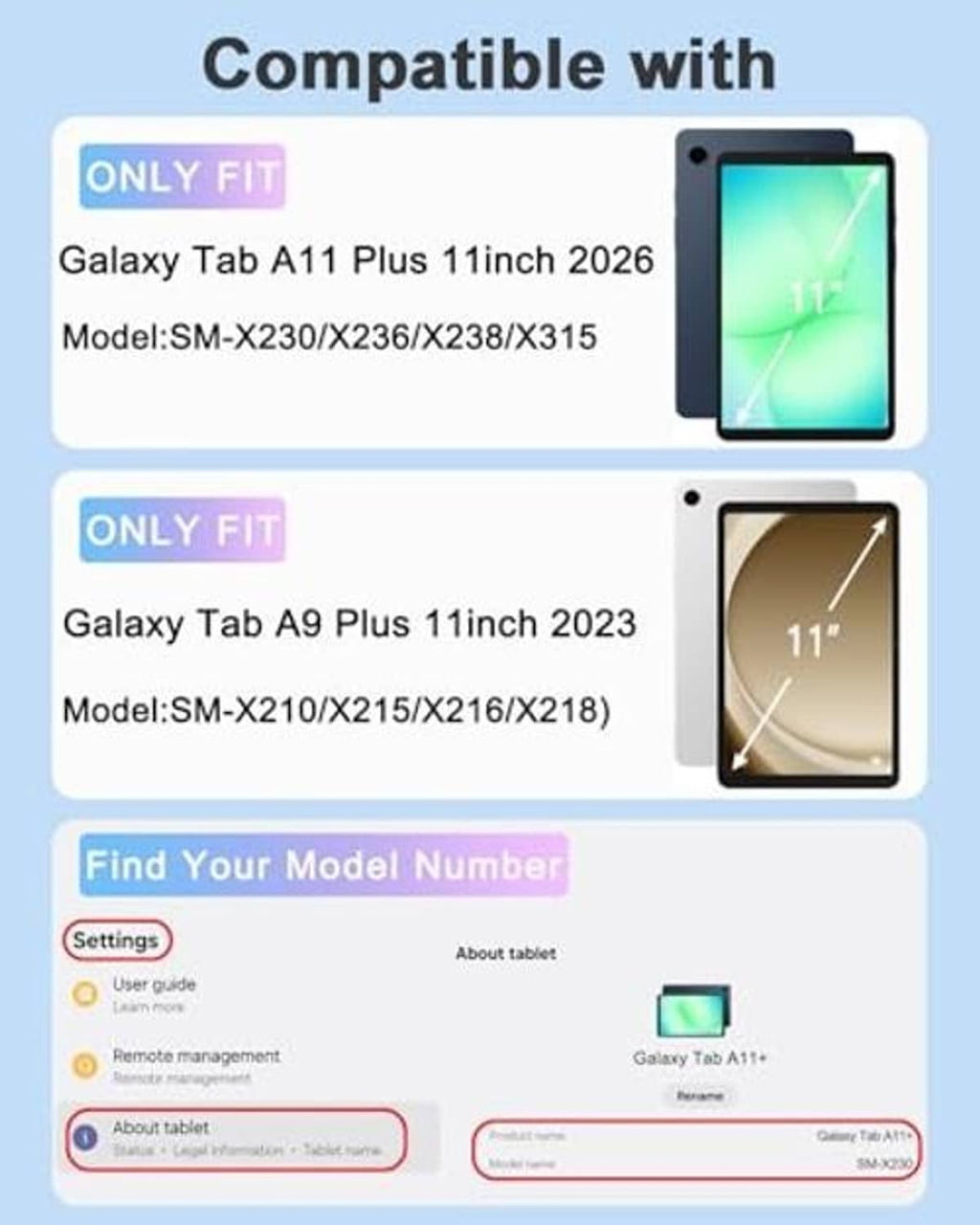 Compatibility chart for Galaxy Tab A11 Plus and A9 Plus 11 inch case fit