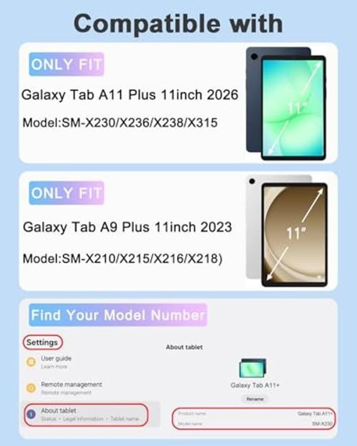Compatibility chart for Galaxy Tab A11 Plus and A9 Plus 11 inch case fit