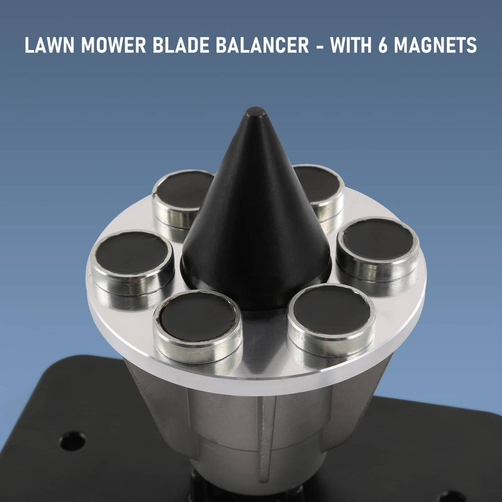 Lawn mower blade balancer with central black cone and six silver magnet cups on base
