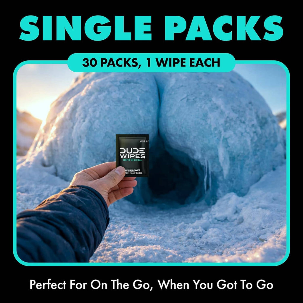 DUDE Wipes Mint Chill single wipe pack held in a hand