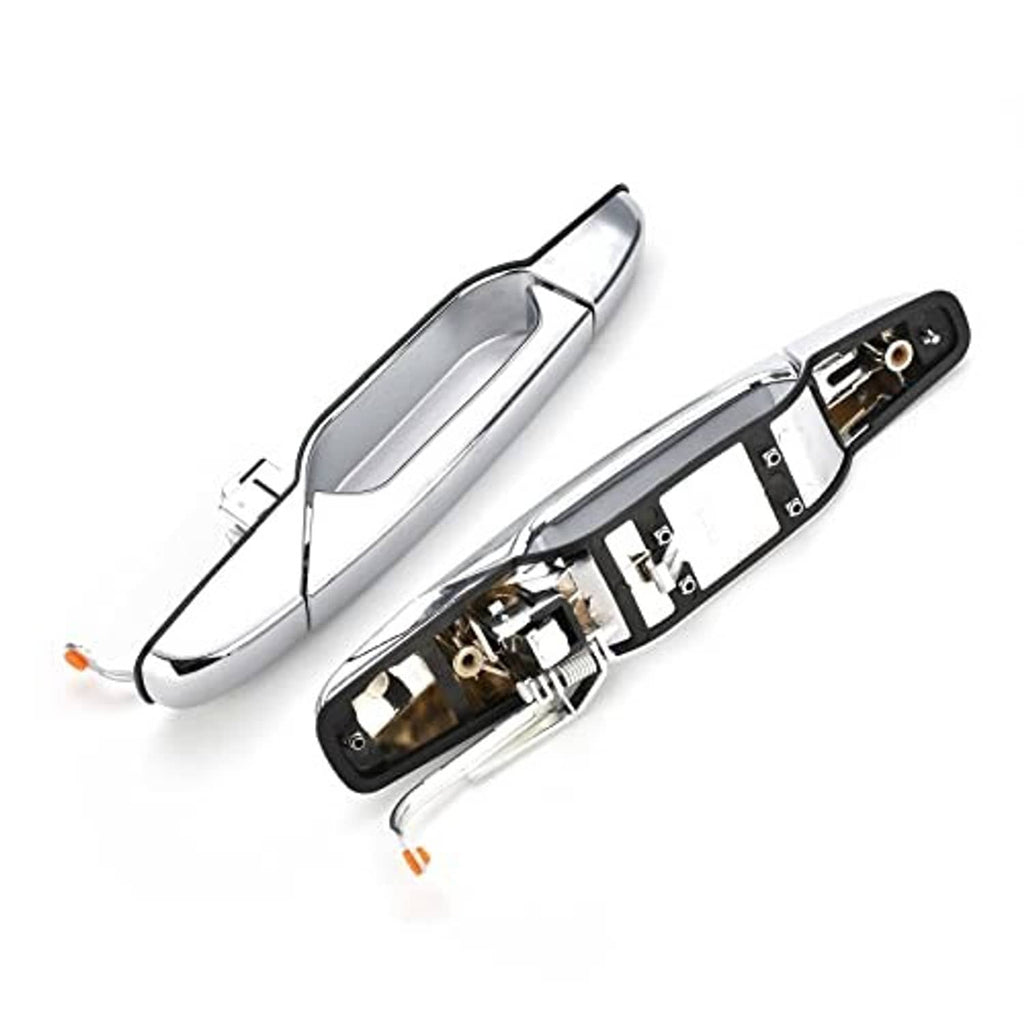 Chrome exterior door handle kit, two handles shown with one housing open to view components