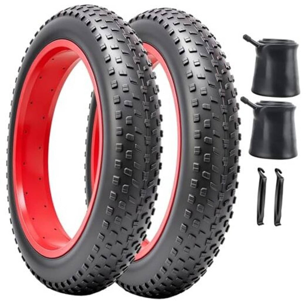 Black fat bike tires with red rims; includes inner tubes and tire levers