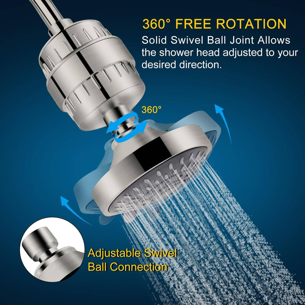 Shower head with filter with 360° swivel ball joint and adjustable spray head