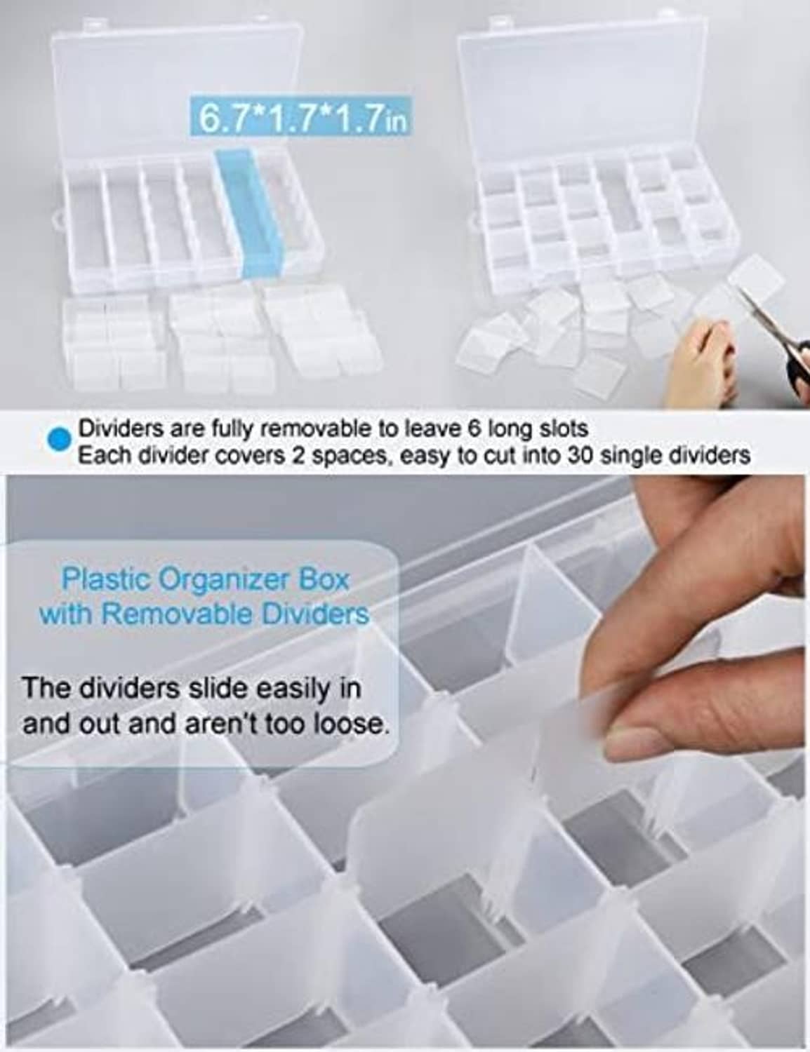 Clear organizer box with removable dividers; adjustable slot layout for small beads and parts