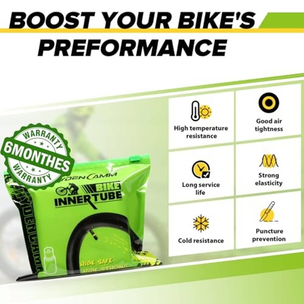 Green bicycle inner tube packaging with warranty and performance icons.