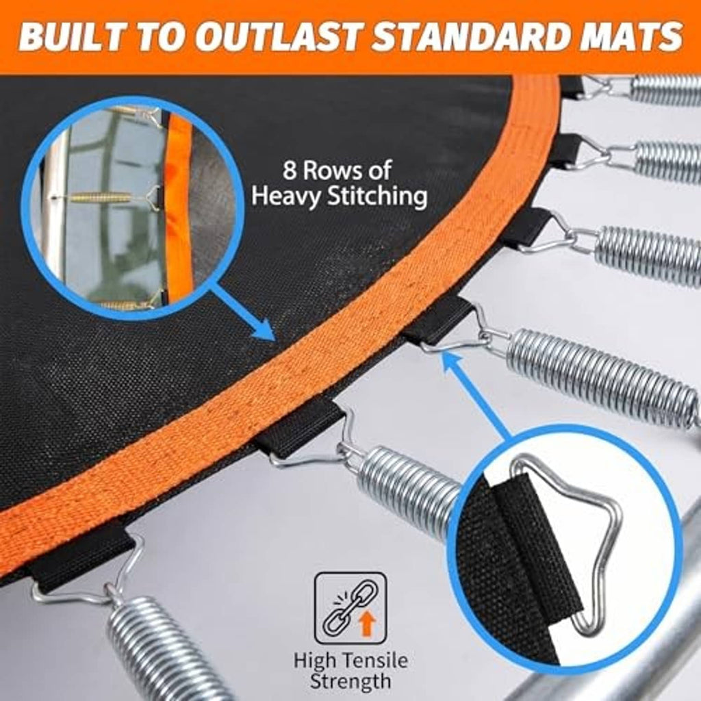Trampoline mat edge detail, black fabric with orange border, V-hooks and heavy stitching