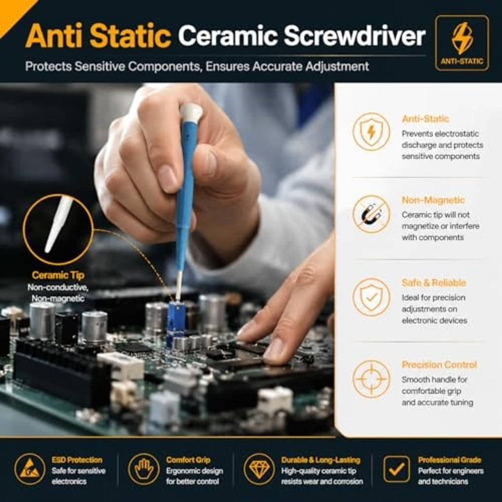 Anti-static ceramic screwdriver included for adjusting 3296W multiturn trimmer potentiometers