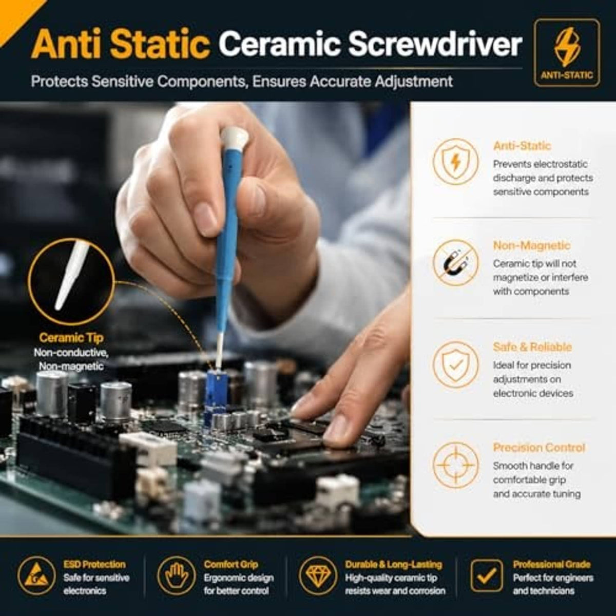 Anti-static ceramic screwdriver included for adjusting 3296W multiturn trimmer potentiometers