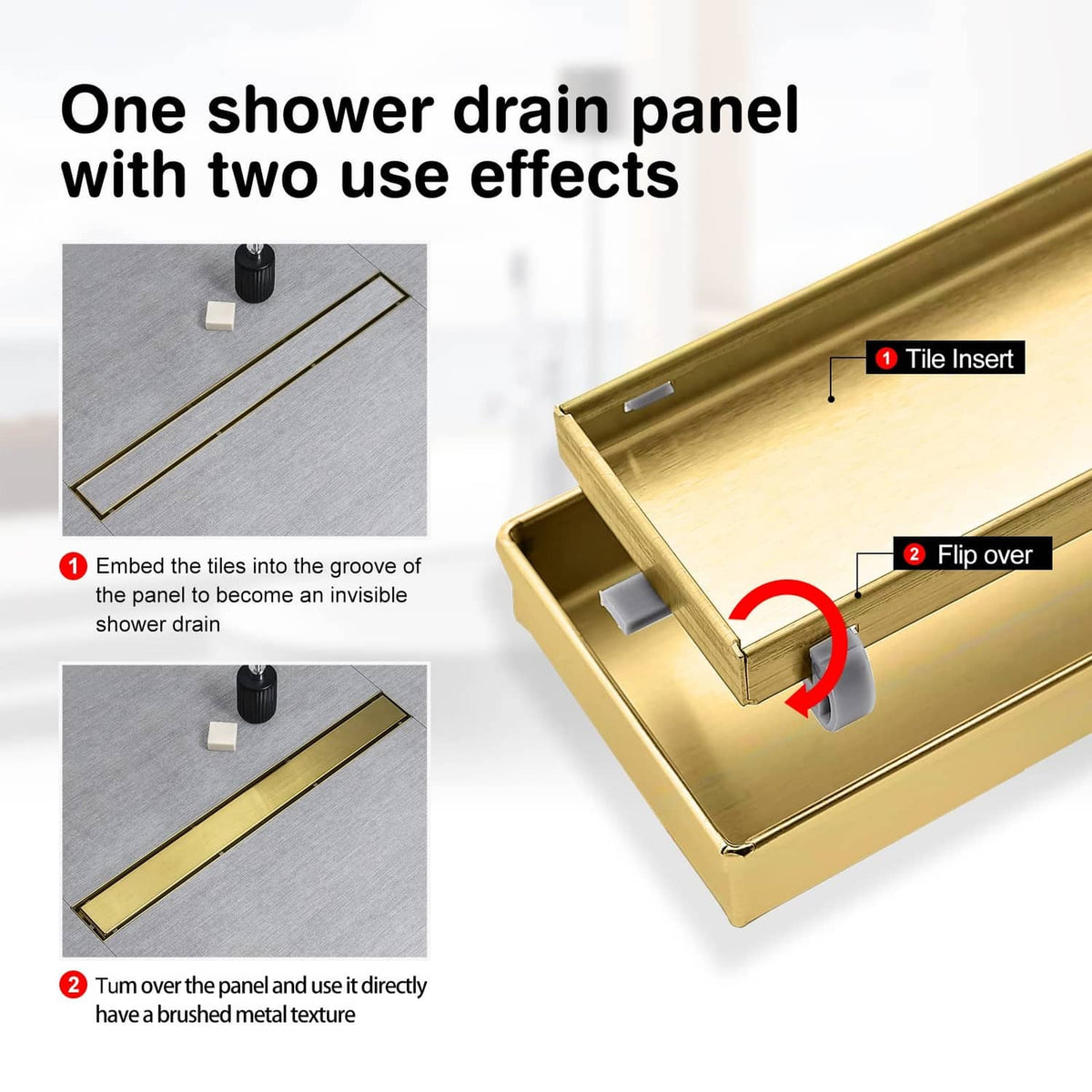 Gold shower drain panel with tile insert and flip-over hair strainer detail