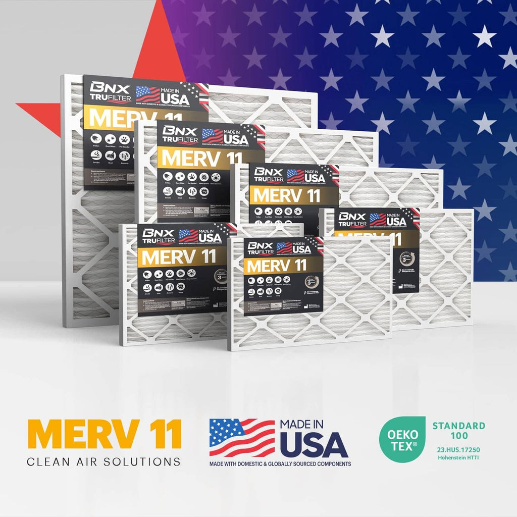 Stack of BNX TruFilter MERV 11 air filters, 6-pack, with made-in-USA and Oeko-Tex badge.