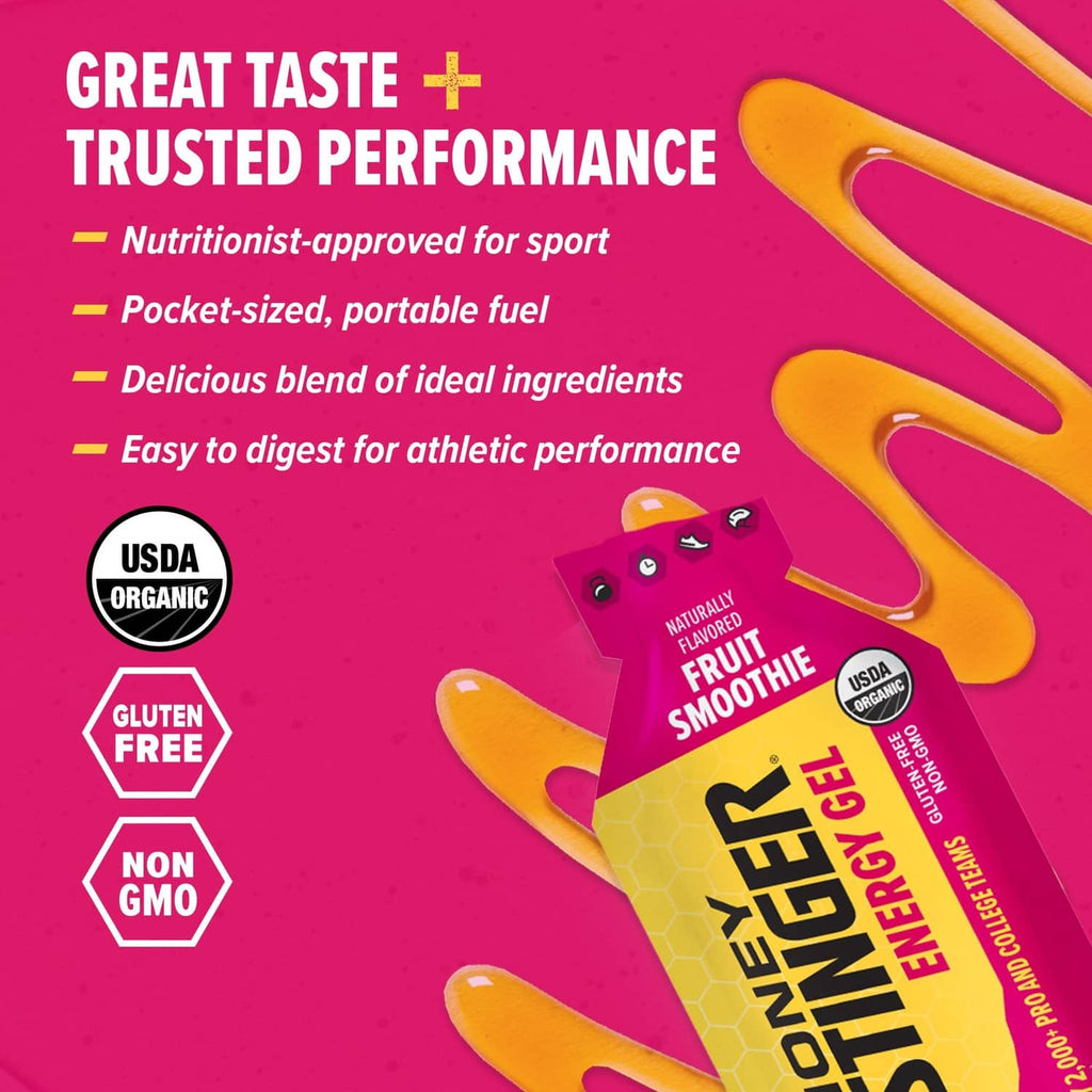 Honey Stinger organic fruit smoothie energy gel packet with badges for USDA organic and gluten free