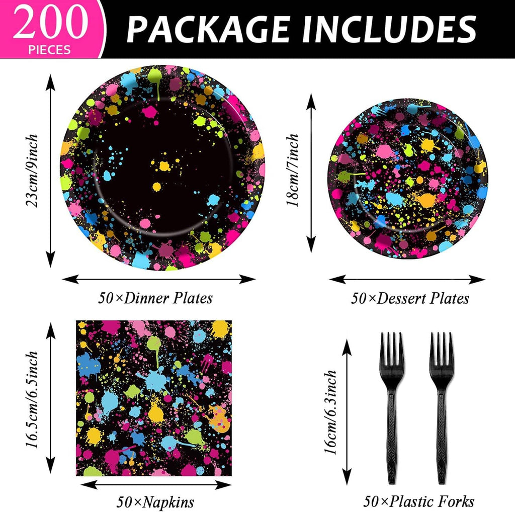 Neon splatter dinner and dessert plates with napkins and plastic forks set (50 pieces)