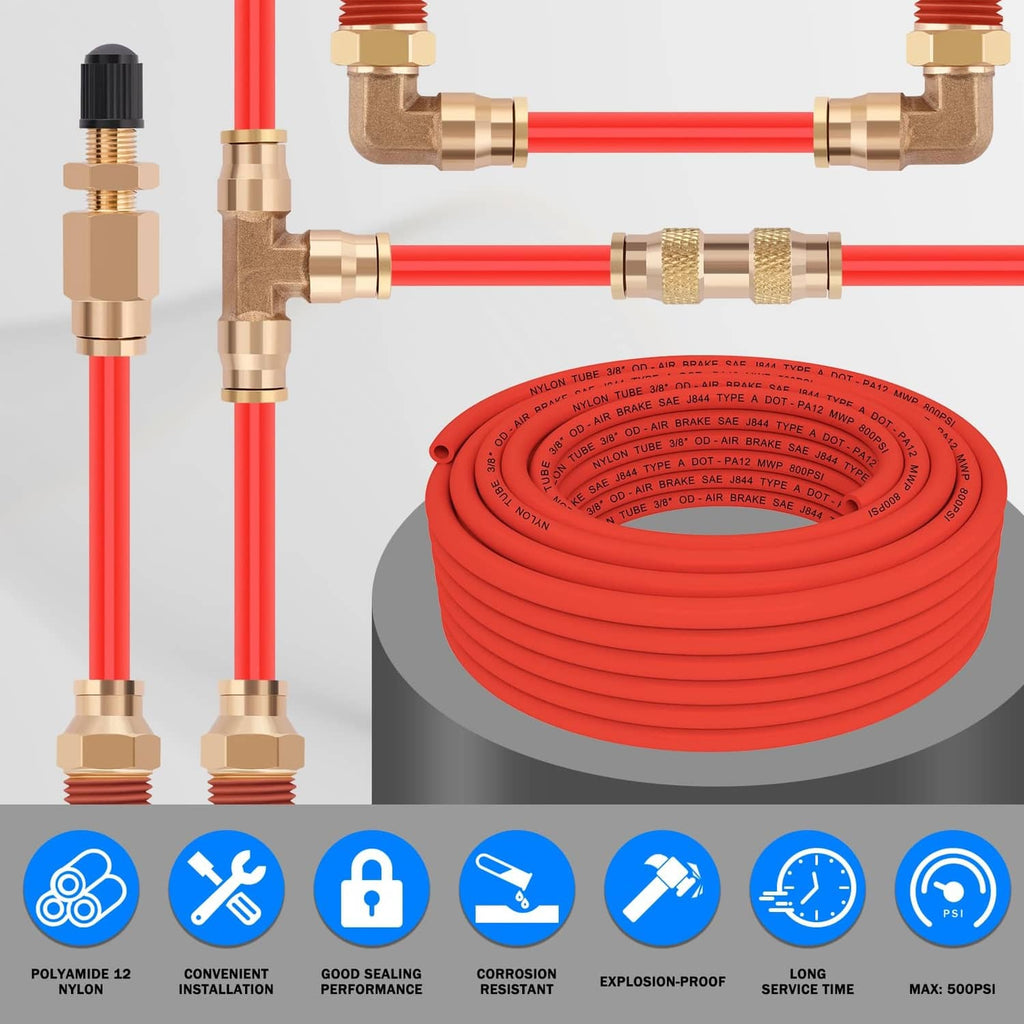 Red nylon air hose connected to brass manifolds with multiple fittings and safety icons.
