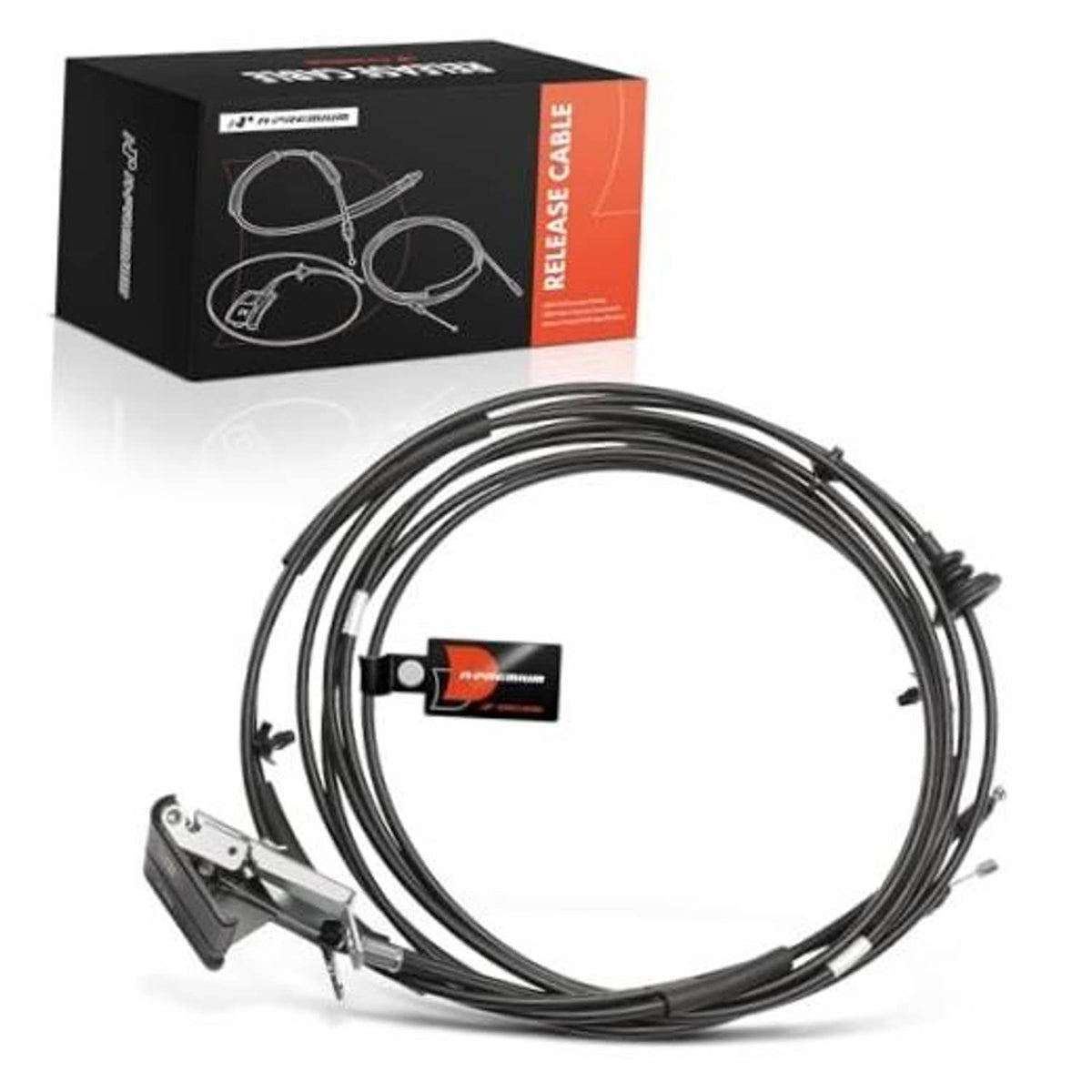 Engine hood release cable kit with coiled black cable and metal latch clamp