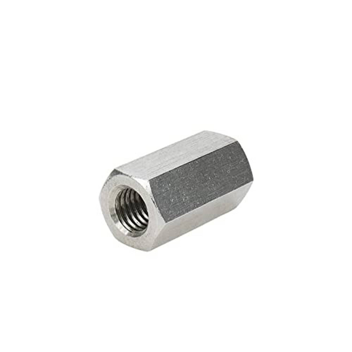 Stainless steel hex coupling nut showing internal female threads, end view
