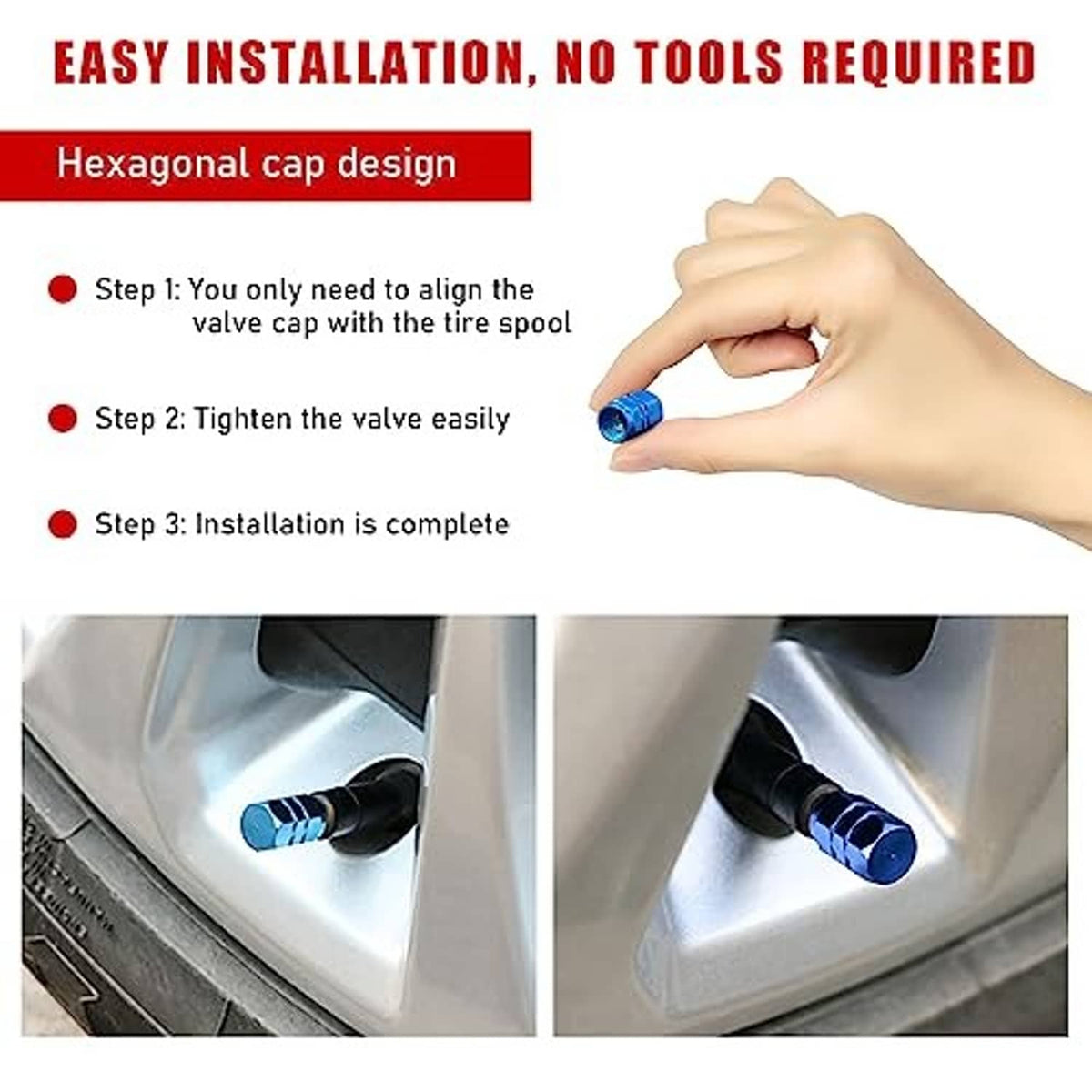 Light blue hexagon valve stem caps installation showing cap aligned on wheel