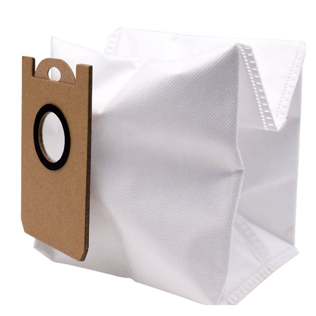 White replacement dust bag with brown tag, side view of the folded filter pouch