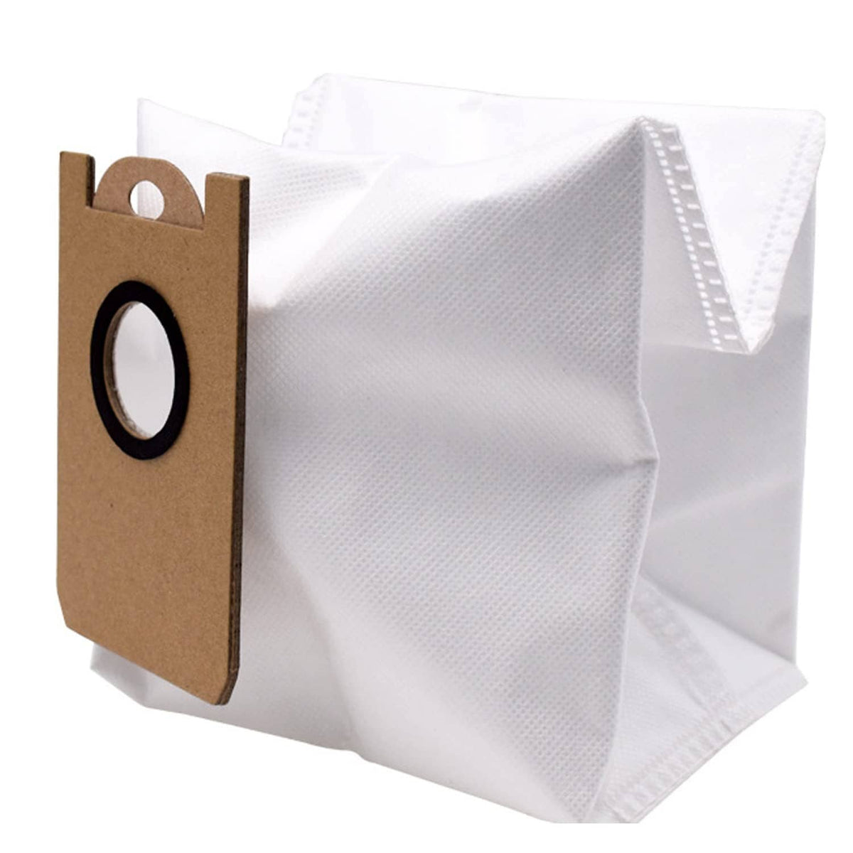 White replacement dust bag with brown tag, side view of the folded filter pouch