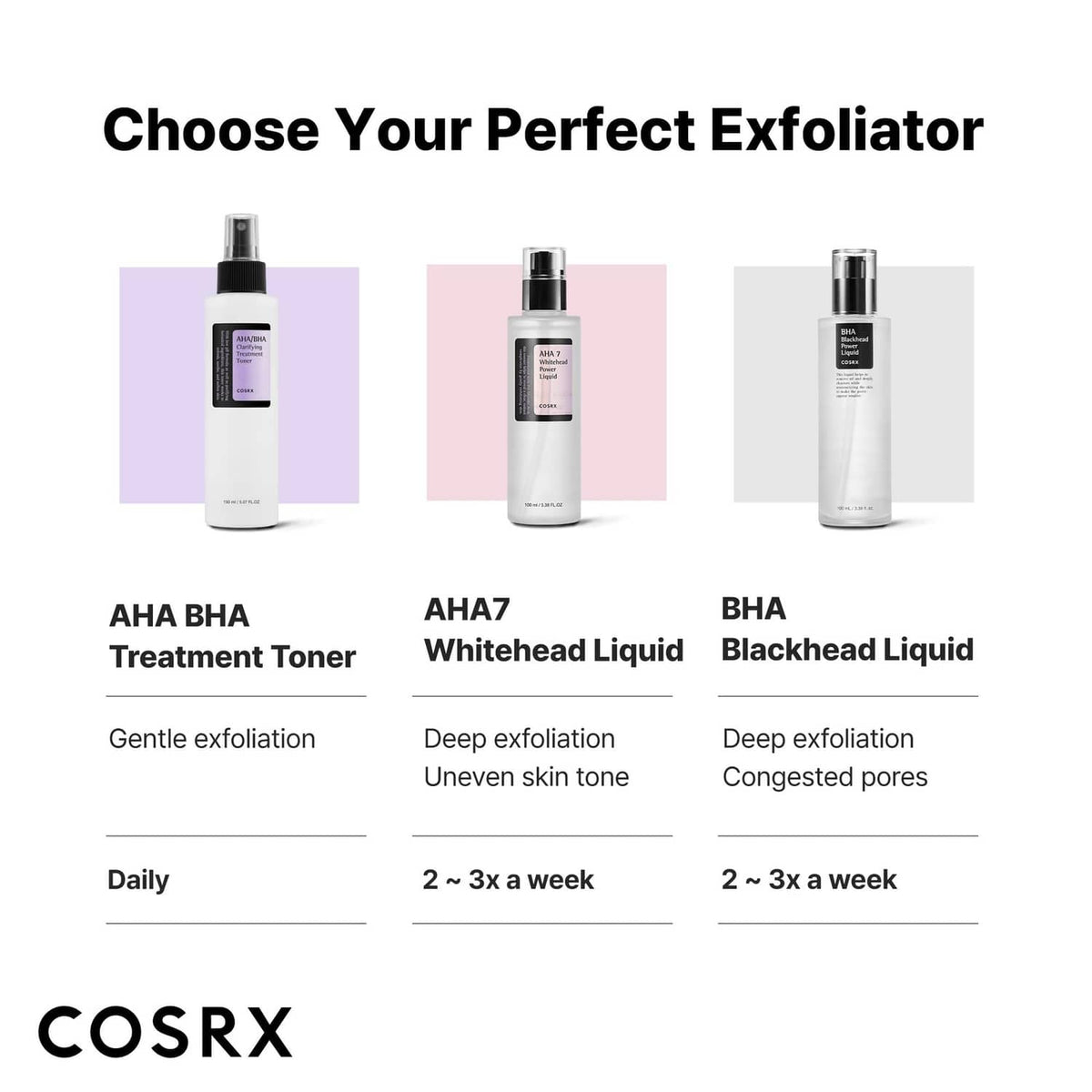 Three exfoliating toner bottles with black sprayers and purple labels