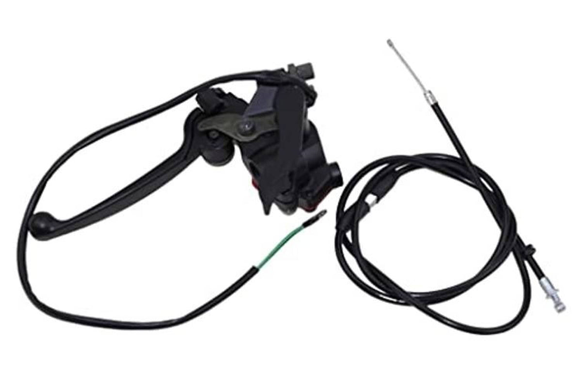 Thumb throttle and dual brake lever controls with black cables and visible green wire