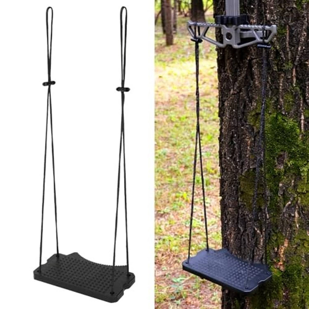 Climbing stick aider with black step plate and adjustable suspension cords for tree climbing