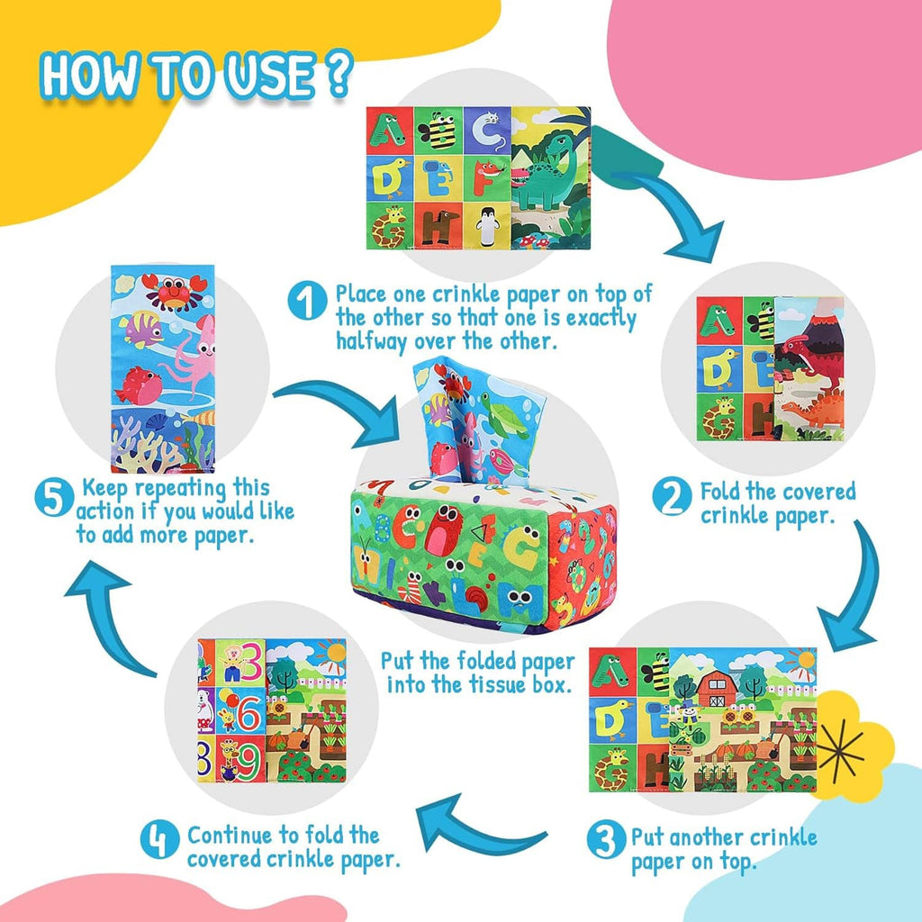 Colorful crinkle tissue box with folded paper insert shown with usage arrows