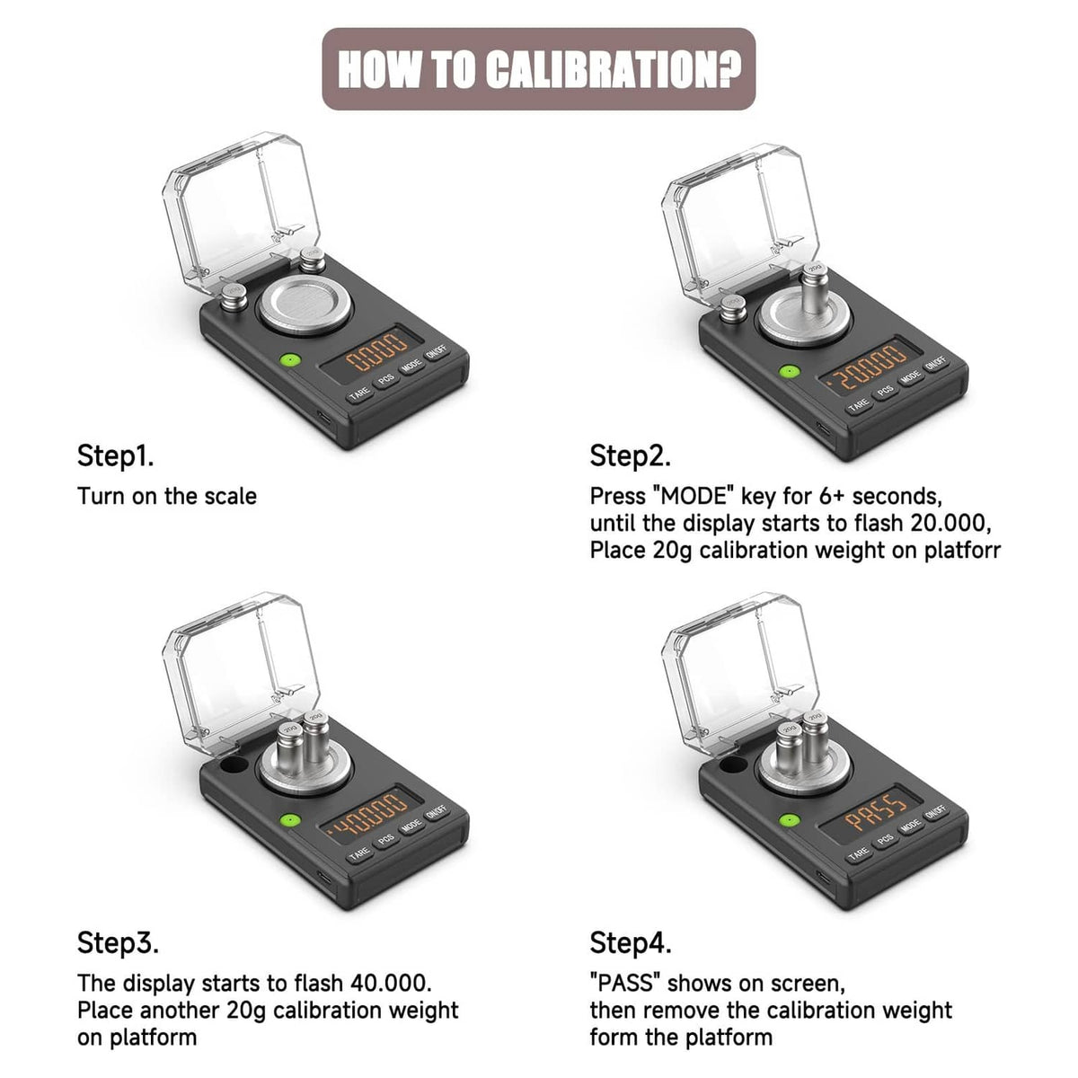 Black milligram scale showing calibration steps with open lid and circular platform