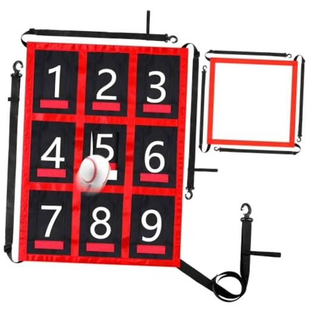Baseball pitching target net with red-and-black numbered grid 1 to 9