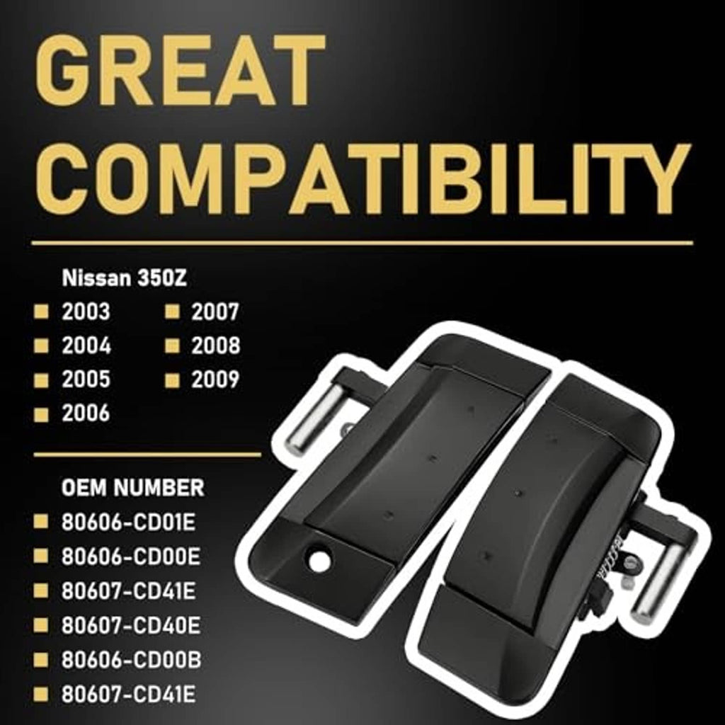 Black exterior door handle set with mounting clips, on compatibility graphic