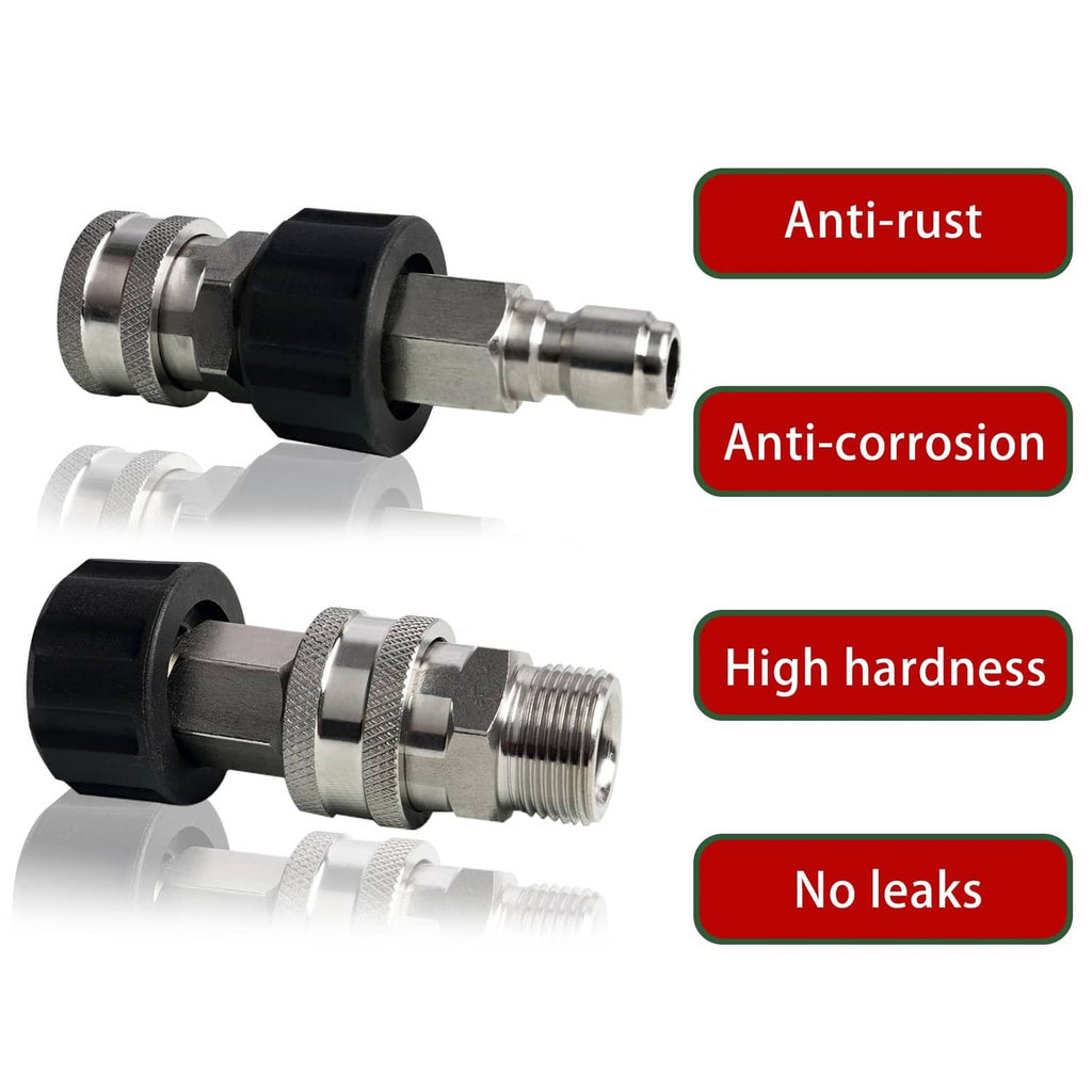 Stainless steel quick connect couplers with black collars and textured knurled rings