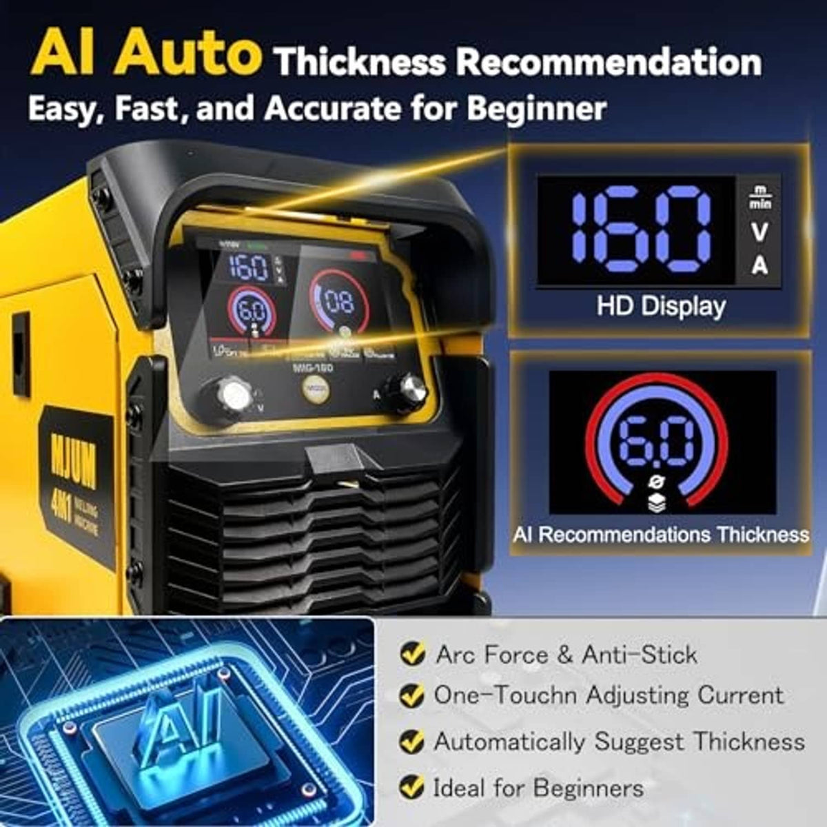 Yellow welding machine with control panel and screen, showing AI Auto thickness features