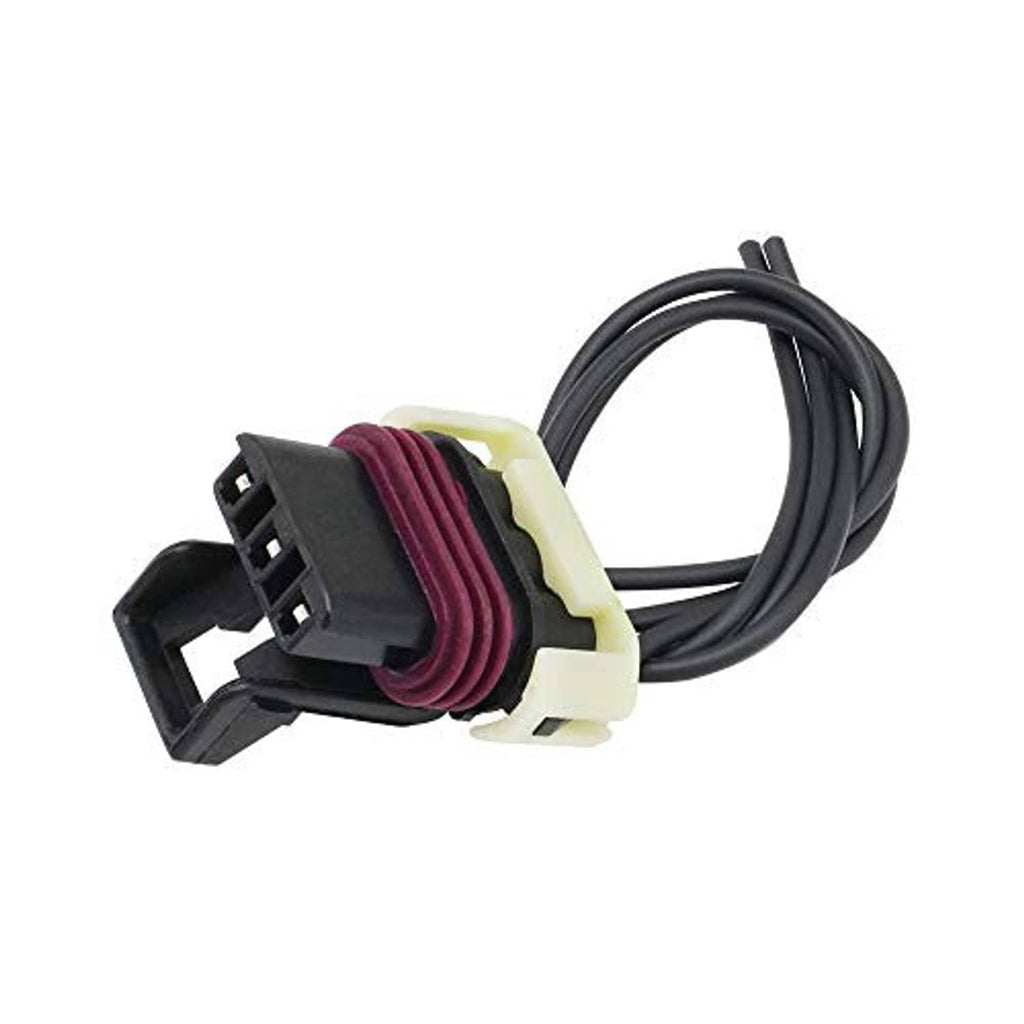 Engine camshaft sensor connector with maroon coil wrap, black housing, and bundled black wires