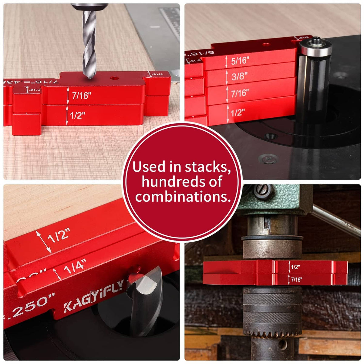 Red aluminum router setup bars with measuring notches used with a tool