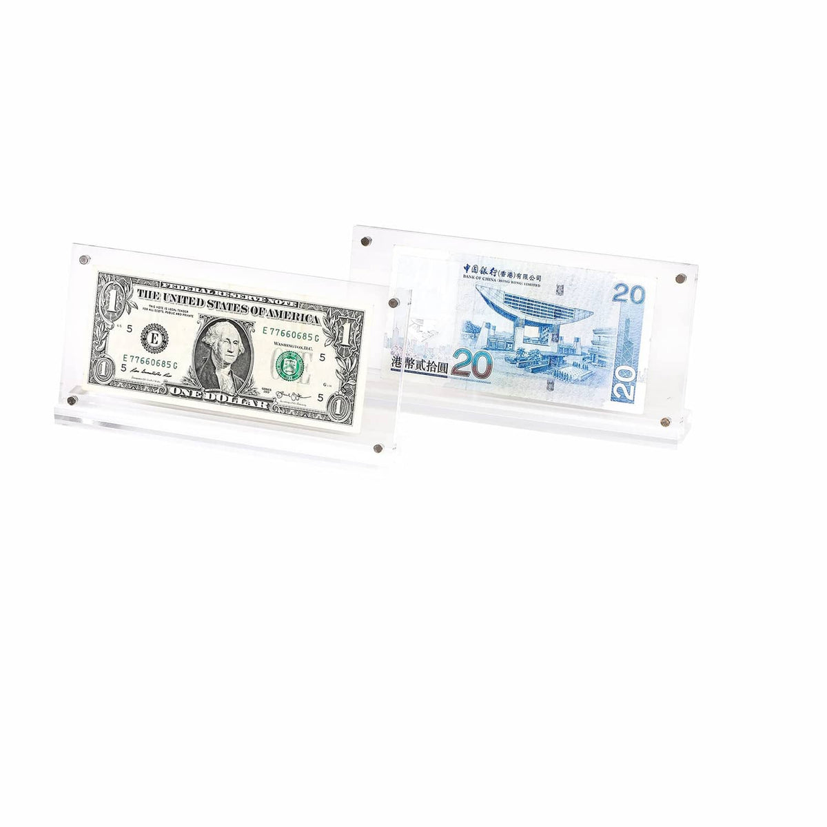 Clear acrylic display case holding a $1 bill and a blue 20 note