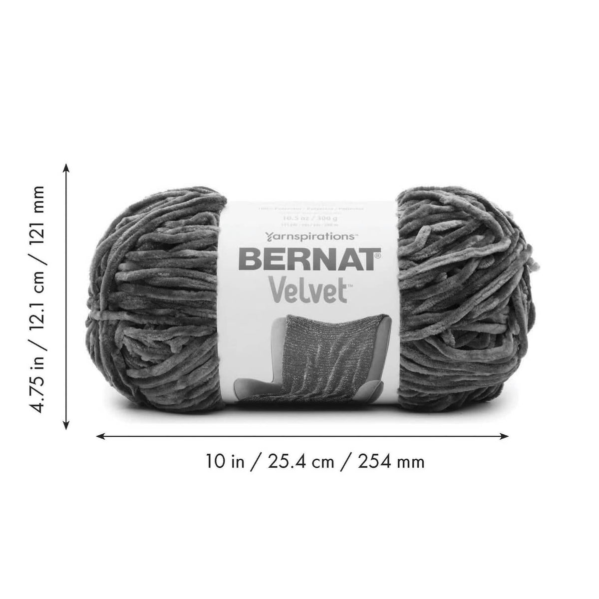 Vapor gray Bernat Velvet yarn skeins with dimensions, bulky 300g each