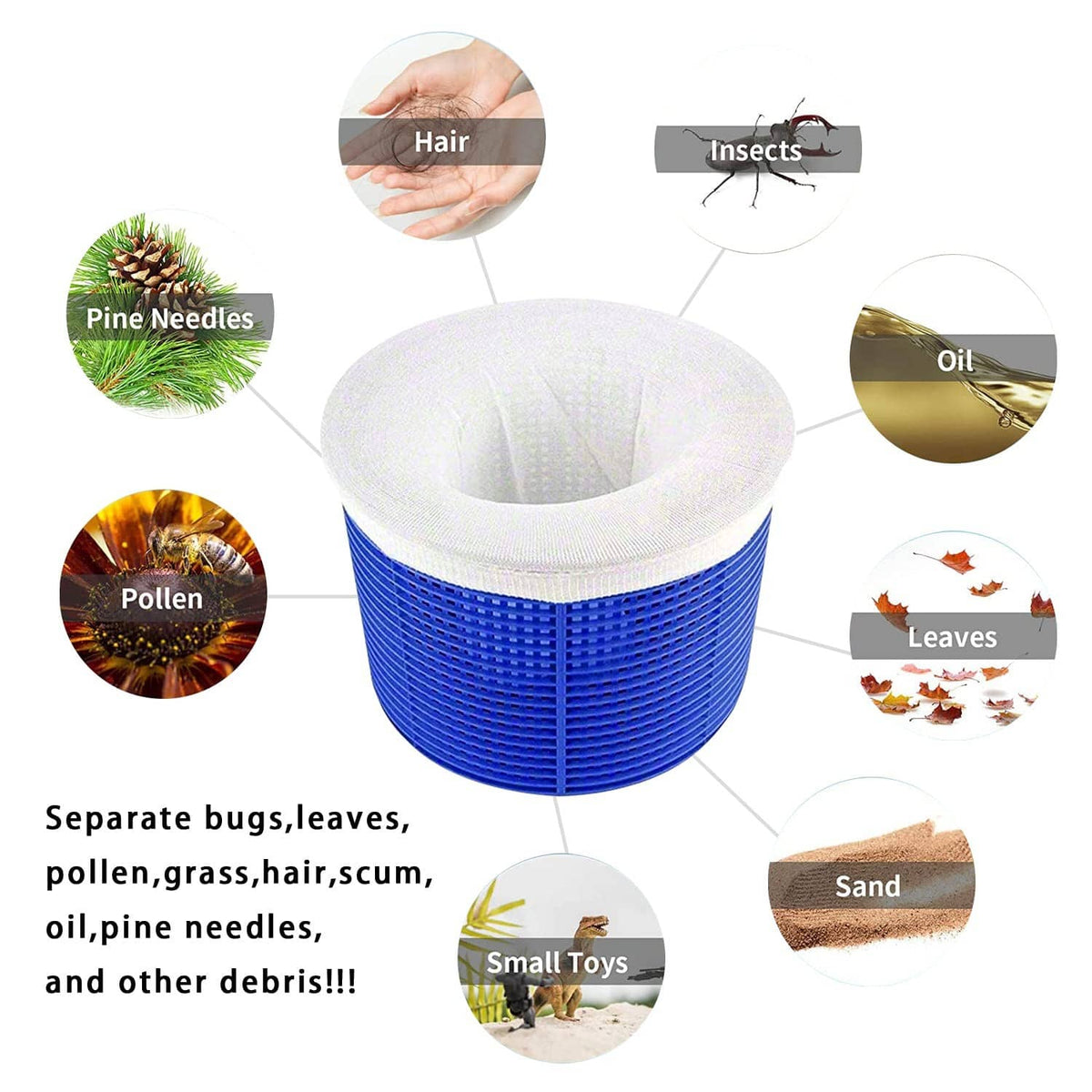 Blue pool skimmer filter sock with white mesh cover, open top
