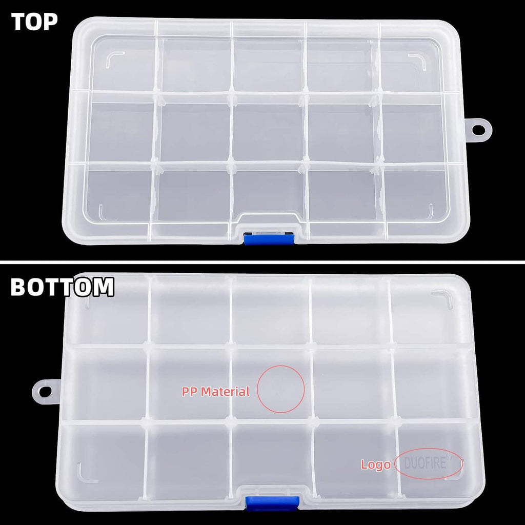 Clear plastic organizer box with blue latch and grid compartments, shown top and bottom