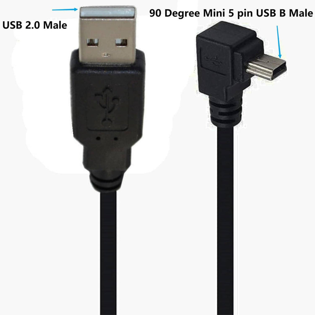 Black 90-degree mini USB extension cable with USB-A plug and 90-degree mini USB-B plug