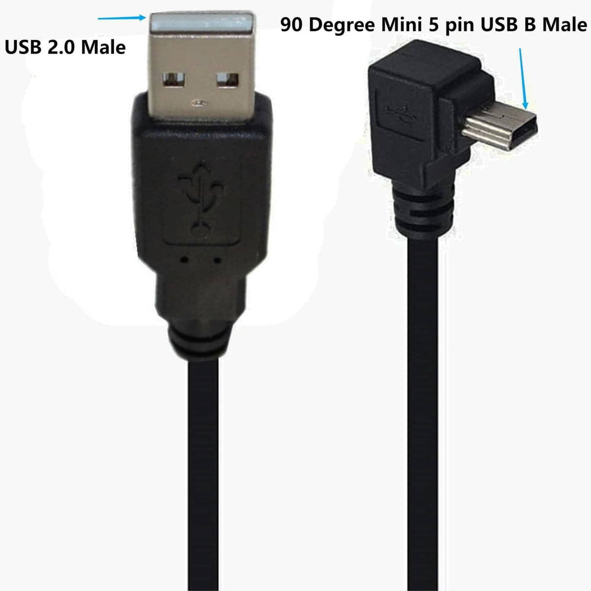 Black 90-degree mini USB extension cable with USB-A plug and 90-degree mini USB-B plug