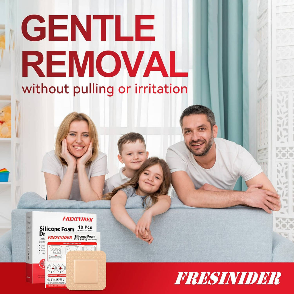Silicone foam dressing kit with beige pad and box, shown for gentle home care removal