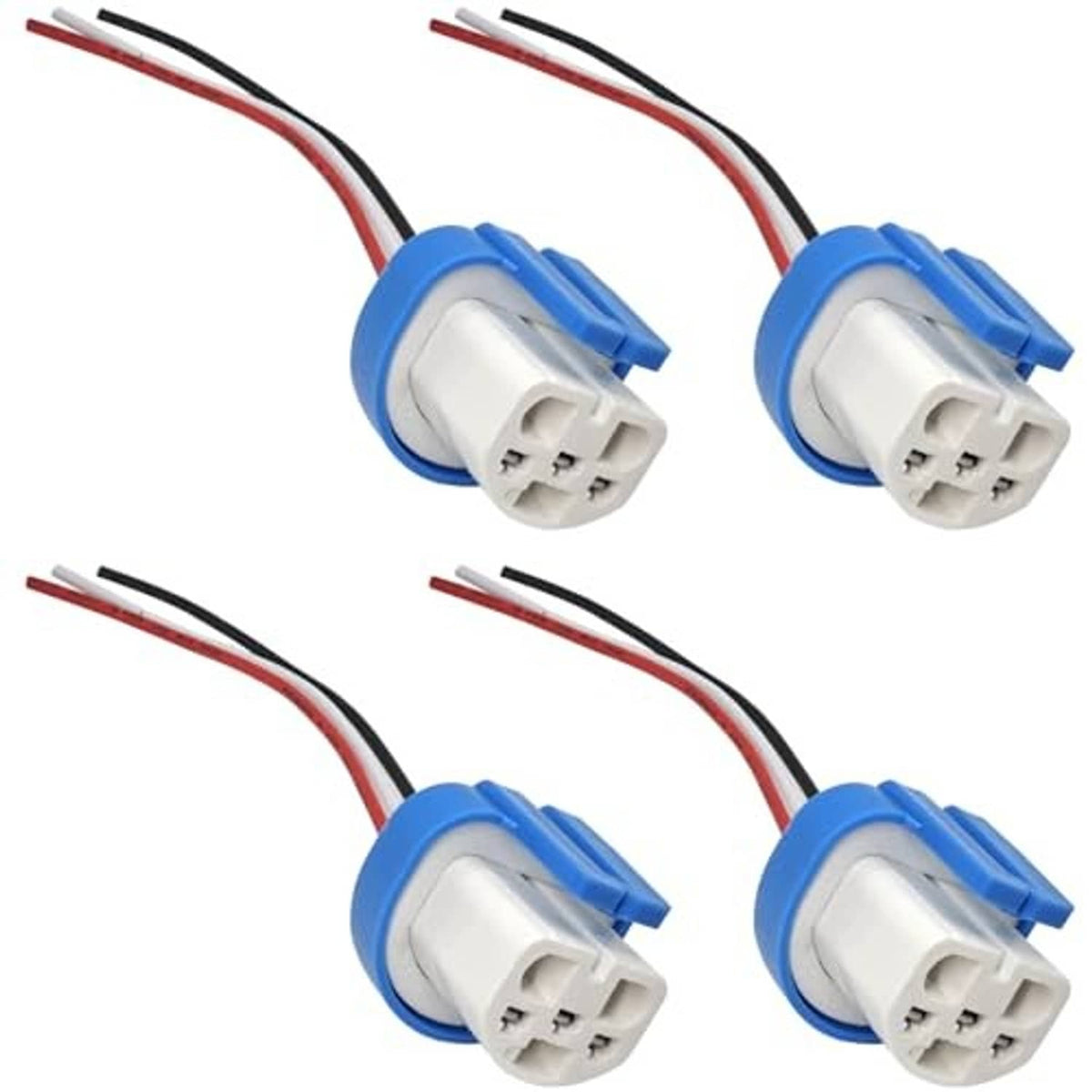 4-pack male headlight plug pigtails with blue housings and red/black wire leads